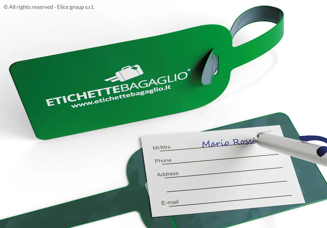 Etichetta bagaglio in plastica verde con tasca trasparente
