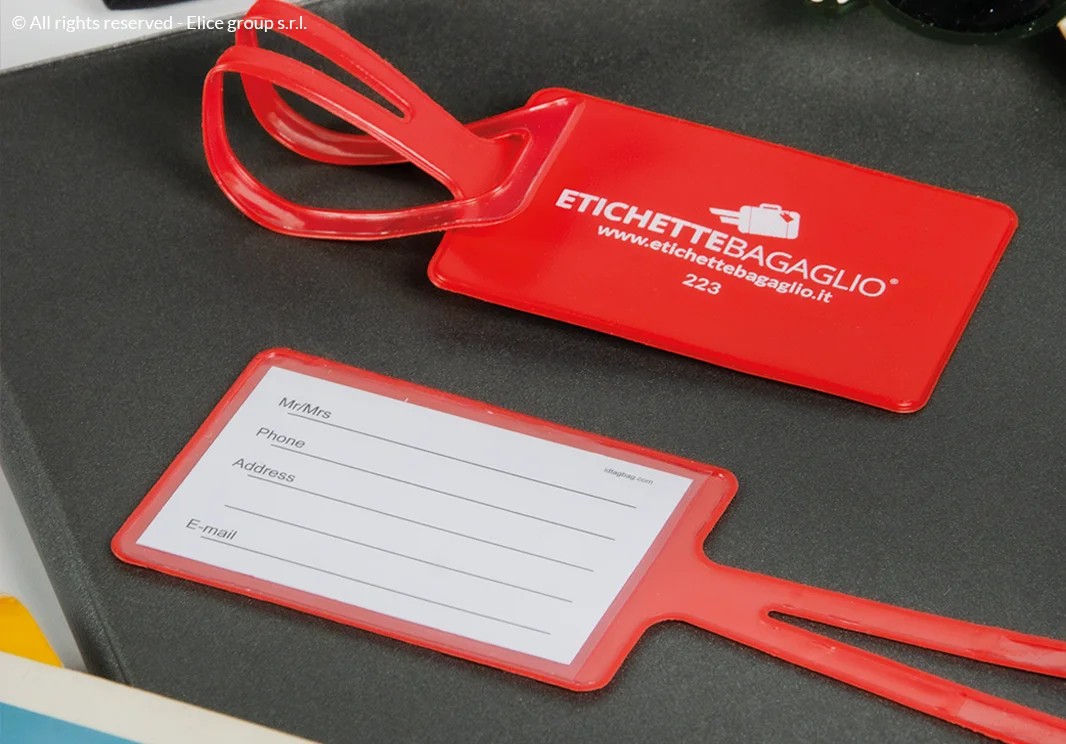 Etichetta per valigie rossa personalizzate con tasca