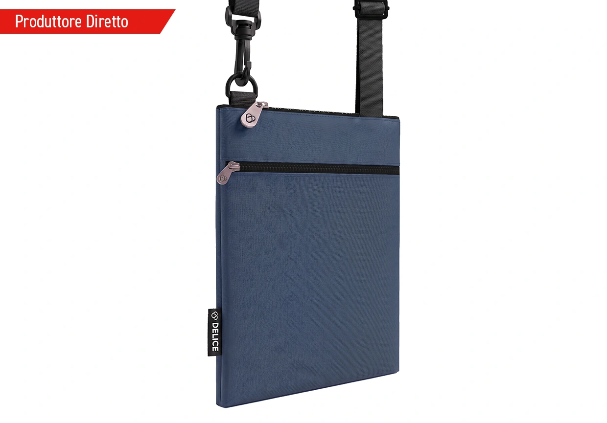 Pochette a tracolla da viaggio personalizzabile blu navy Art. ED11 con tasca frontale zip per agenzie di viaggio