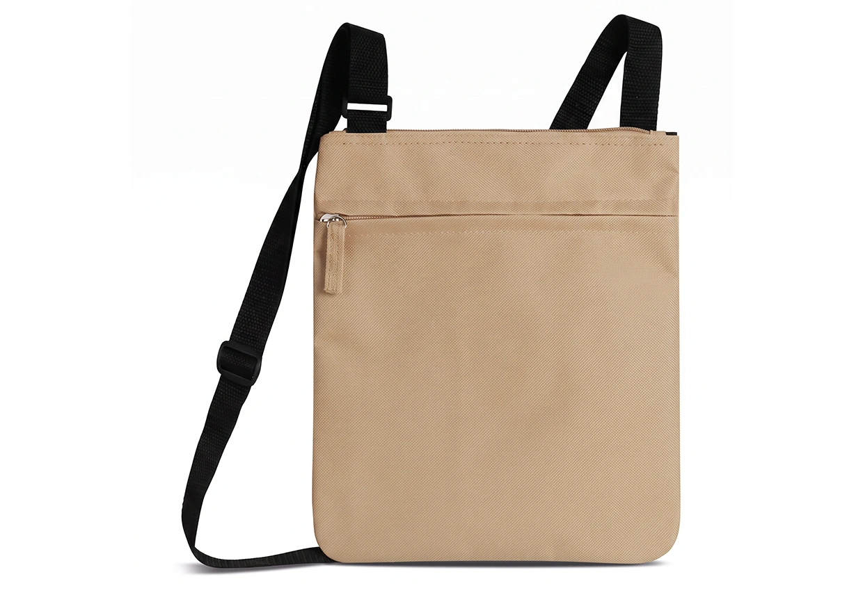 Borsa a tracolla portadocumenti beige personalizzabile Art. ED15 in poliestere 600D con tasca frontale zip