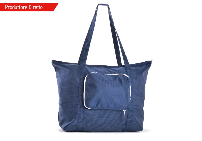 Borsa mare e shopping pieghevole blu navy Art. NF41 aperta con tasca frontale zip e manici lunghi a spalla